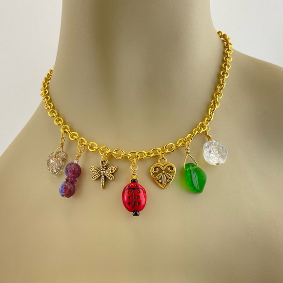 Artisan Crafted Jewelry - Host Pick!! ladybug and Flowers Multi Charm Necklace; Dragonfly, Heart, Leaves